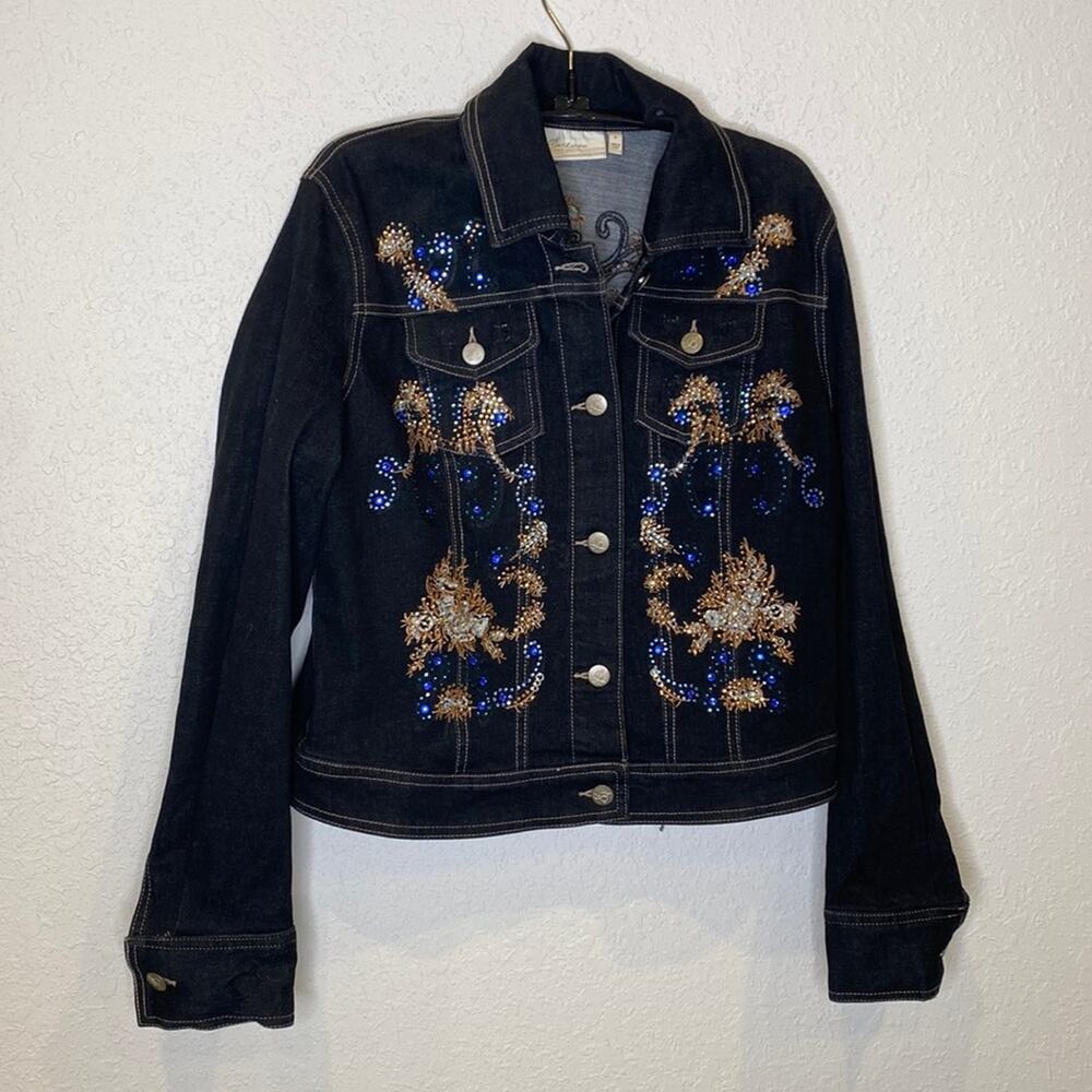 La Bellum Hillary Scott Black Jean Jacket Embellished Embroidered EUC Sz S